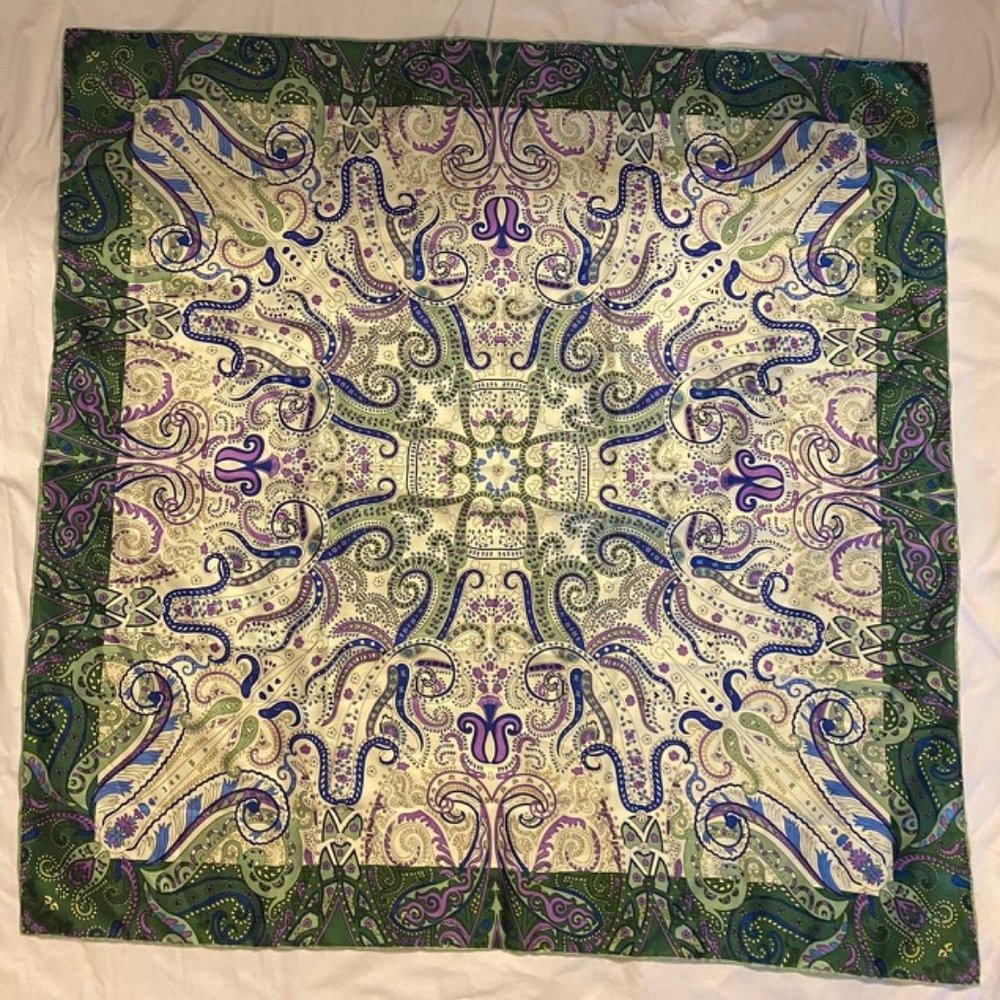 Vtg Silk Scarf - White, Greens, Blue ?Italian?
